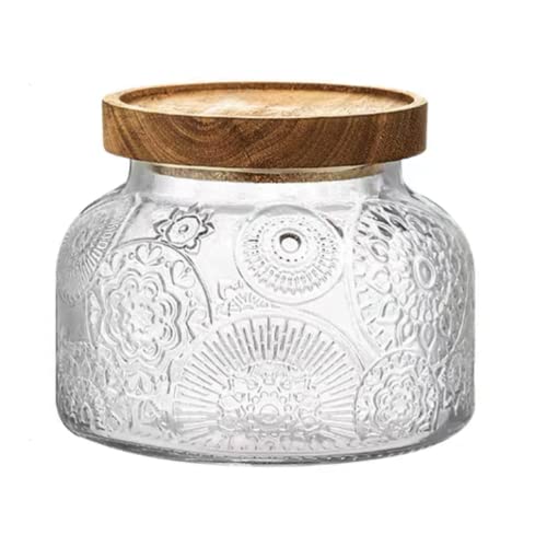 ANSQU Vintage Glass Food Storage Jar, Glass Jar with Wooden Lid, 25.4 FL OZ Decorative Glass Jar for Home Kitchen, Holds Coffee, Candy, Cookie, Sugar (Large Flower) - Image 1