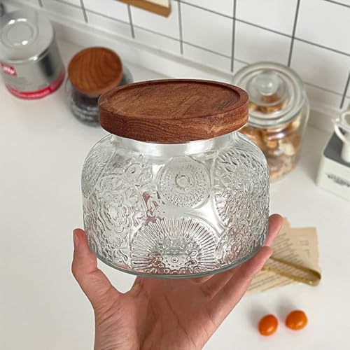 ANSQU Vintage Glass Food Storage Jar, Glass Jar with Wooden Lid, 25.4 FL OZ Decorative Glass Jar for Home Kitchen, Holds Coffee, Candy, Cookie, Sugar (Large Flower) - Image 4