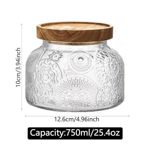 ANSQU Vintage Glass Food Storage Jar, Glass Jar with Wooden Lid, 25.4 FL OZ Decorative Glass Jar for Home Kitchen, Holds Coffee, Candy, Cookie, Sugar (Large Flower) - Image 2