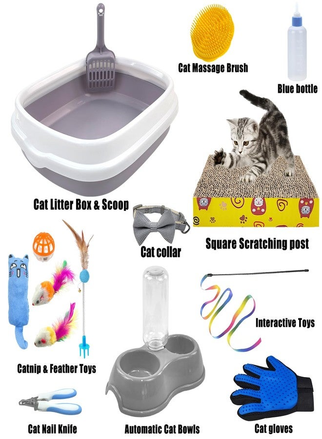 Hlimior Kitten Starter Kit - 15 Piece Cat Essentials Set Includes Litter Box, Toys, Collars, Scratch Pad, Nail File, Automatic Feed Bowls, Grooming Gloves (Gray) - Image 2