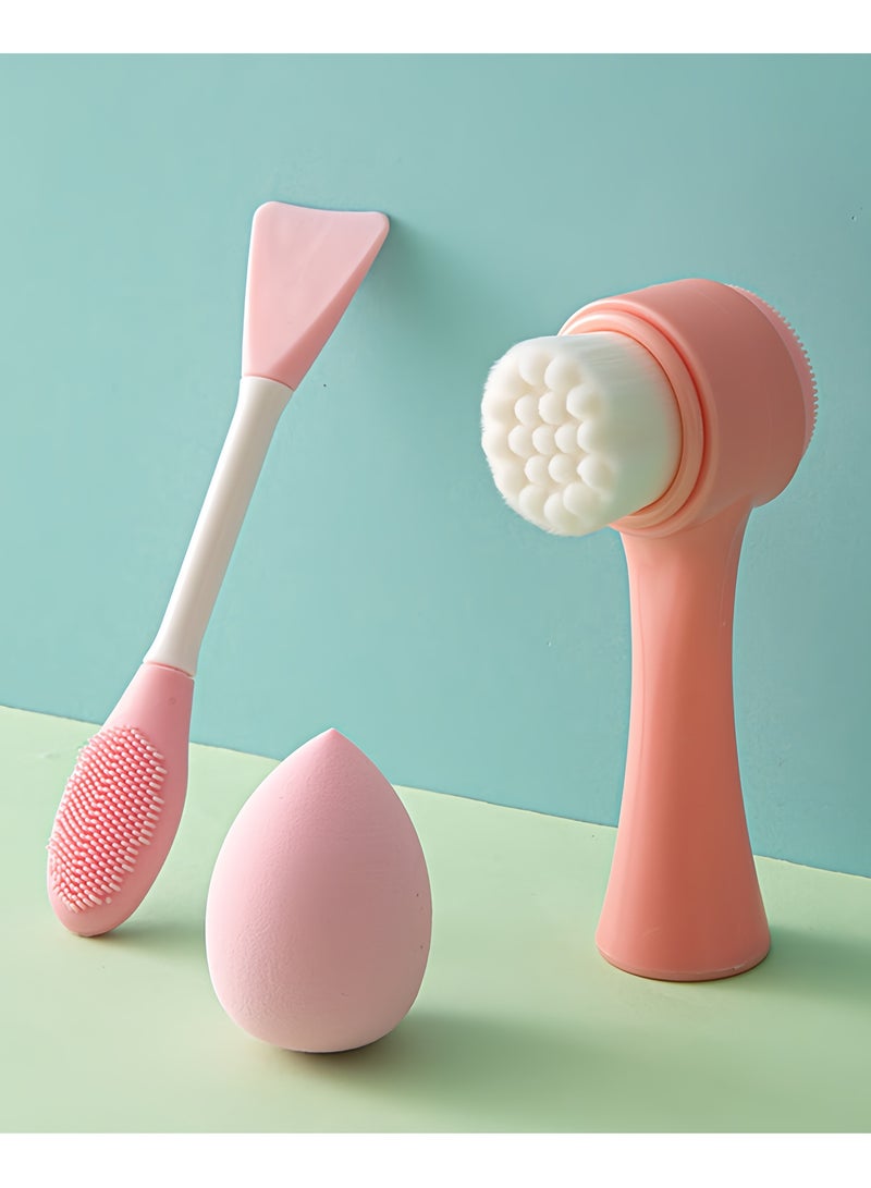 Generic 3Pcs Set, 2 In 1 Facial Cleansing Brush, Double Head Silicone Mask Brush, Beauty Egg, Facial Cleansing,clean blackheads, Manual Face Wash Brush Skin Care Massage - Image 2