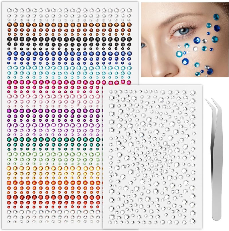 Face Gems Self Adhesive Festival Face Jewels, Stick On Rhinestones for Makeup, Hair, Eye, Nail, Crafts (Colourful)