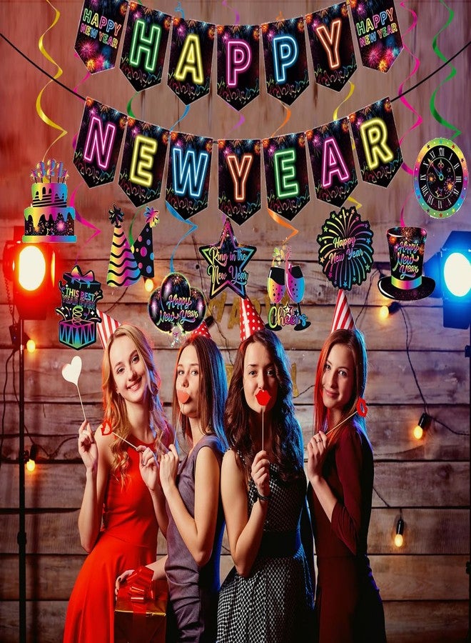 CINRAY Happy New Year Decorations 2025, Neon Happy New Year Banner and Ceiling Hanging Swirls for Nye Decorations 2025 New Years Eve Party Decor Supplies - Image 4