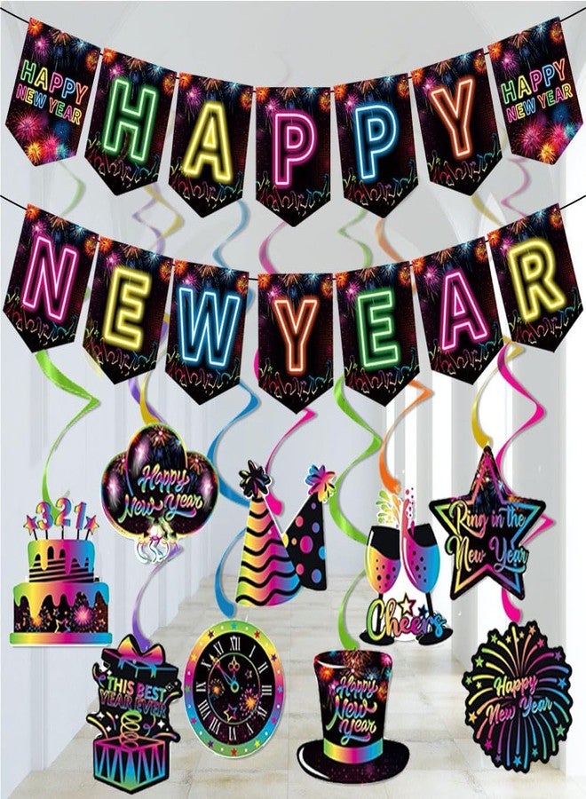 CINRAY Happy New Year Decorations 2025, Neon Happy New Year Banner and Ceiling Hanging Swirls for Nye Decorations 2025 New Years Eve Party Decor Supplies - Image 1