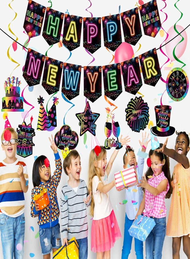 CINRAY Happy New Year Decorations 2025, Neon Happy New Year Banner and Ceiling Hanging Swirls for Nye Decorations 2025 New Years Eve Party Decor Supplies - Image 3