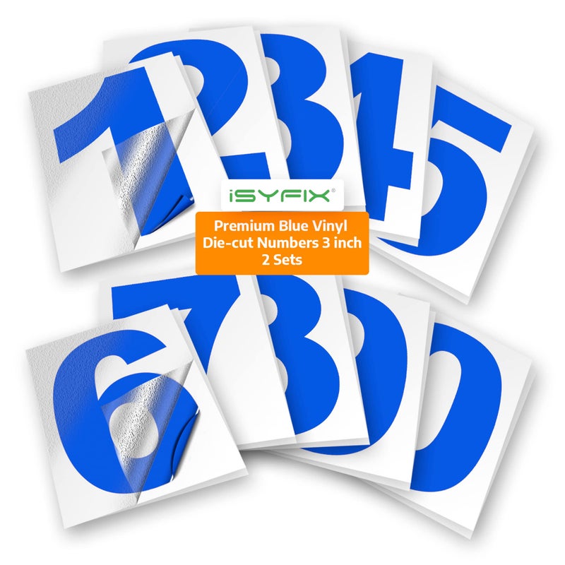 iSYFIX Blue Vinyl Numbers Stickers - 3 Inch Self Adhesive - 2 Sets - Premium Decal Die Cut and Pre-Spaced for Mailbox, Signs, Window, Door, Cars, Trucks, Home, Business, Address Number, Indoor or Outdoor - Image 1
