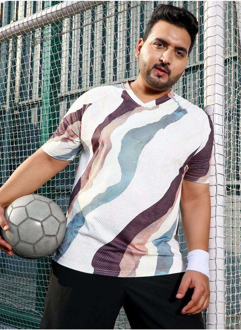 انستافاب بلس Instafab Plus Men's White Grey Abstract-Motif Activewear T-Shirt For Casual Wear | Crew Neck | Short Sleeves | Plus Size Jersey T-Shirt Crafted With Comfort Fit For Everyday Wear