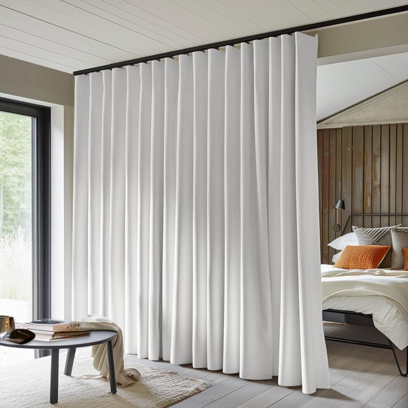 MaKefeile Room Divider Curtains Total Blackout Privacy Curtain Panel Room Thermal Insulated Noise Reduction Curtains for Bedroom Window Living Room Ceiling Track Curtain W 12.5 ft × H 7 ft White - Image 1
