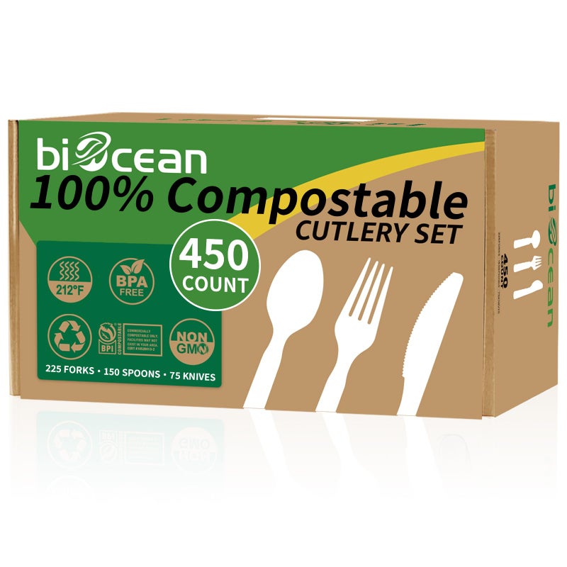 biocean Biocean 450 Counts Compostable Forks Spoons Knives Set Disposable Forks Utensils Heavy Duty Knives Silverware Eco Friendly Flatware for Party Camping Picnics White forks spoons and knives set
