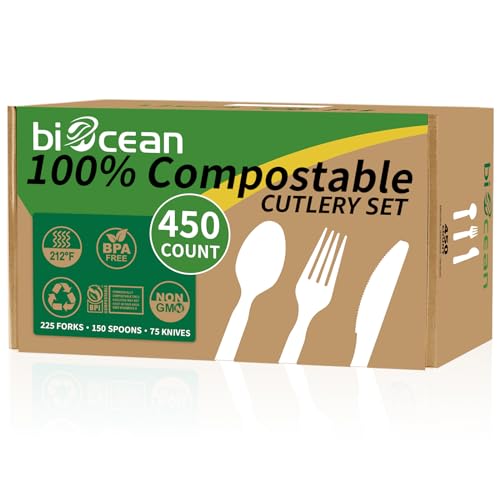 Biocean 450 Counts Compostable Forks Spoons Knives Set Disposable Forks Utensils Heavy Duty Silverware Eco Friendly Flatware for Party Camping Picnics White forks spoons and knives set