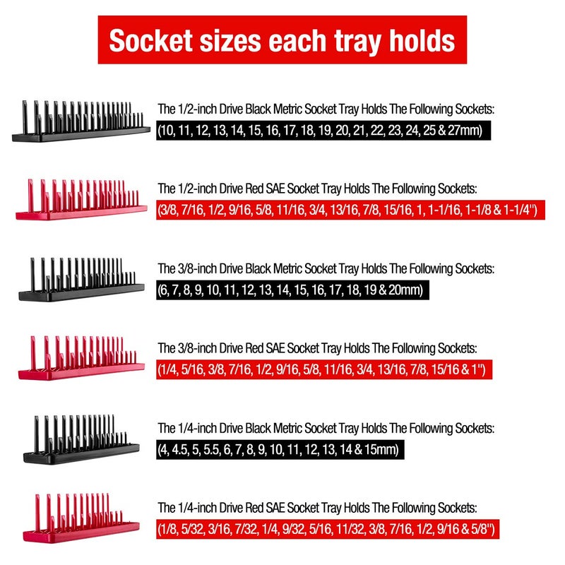 AIUITIO 6PCS Socket Organizer Tray Set, Red SAE & Black Metric Socket Storage Trays, 1/4-Inch, 3/8-Inch & 1/2-Inch Drive Deep and Shallow Socket Holders for Toolboxes - Image 4