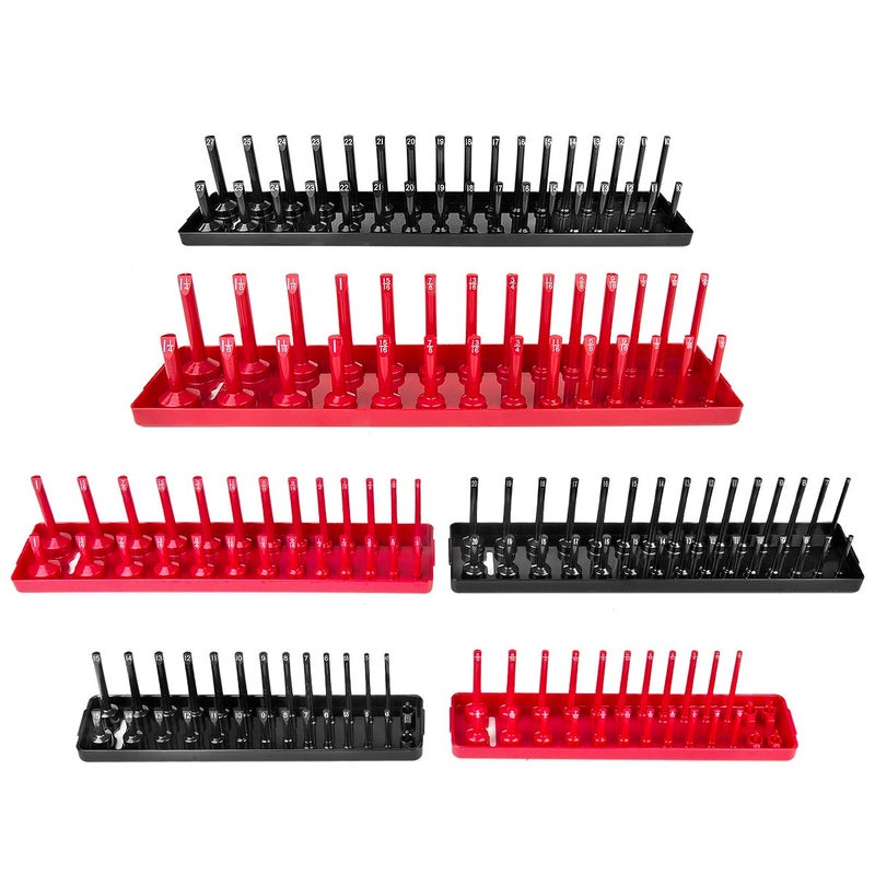 AIUITIO 6PCS Socket Organizer Tray Set, Red SAE & Black Metric Socket Storage Trays, 1/4-Inch, 3/8-Inch & 1/2-Inch Drive Deep and Shallow Socket Holders for Toolboxes - Image 1