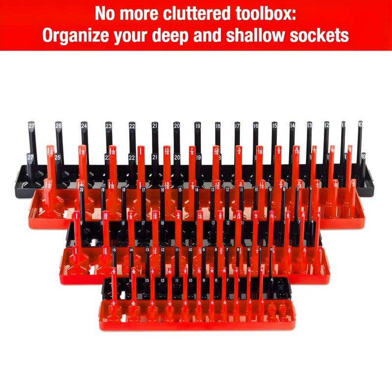 AIUITIO 6PCS Socket Organizer Tray Set, Red SAE & Black Metric Socket Storage Trays, 1/4-Inch, 3/8-Inch & 1/2-Inch Drive Deep and Shallow Socket Holders for Toolboxes - Image 3