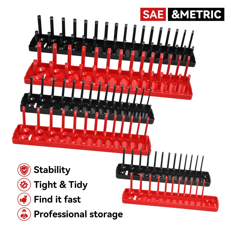 AIUITIO 6PCS Socket Organizer Tray Set, Red SAE & Black Metric Socket Storage Trays, 1/4-Inch, 3/8-Inch & 1/2-Inch Drive Deep and Shallow Socket Holders for Toolboxes - Image 2