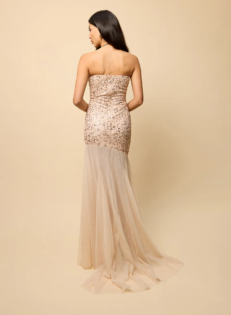 Little Mistress Embellished Mesh Bandeau Detail Maxi Dress