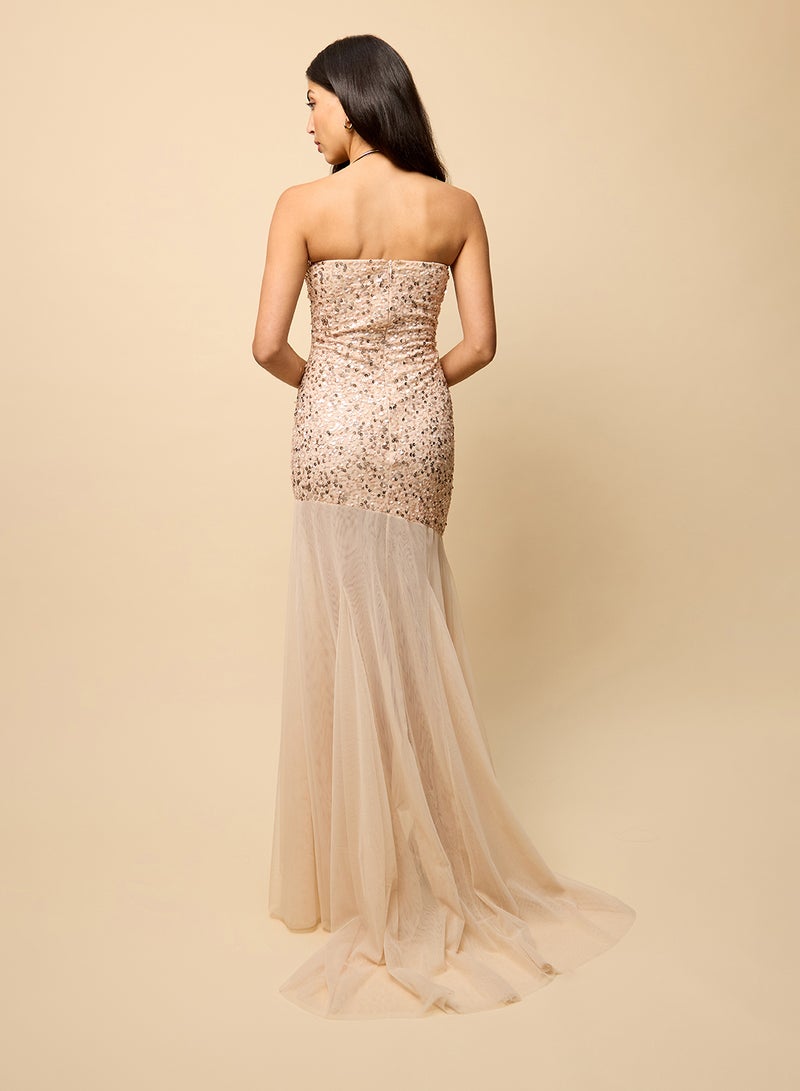 Little Mistress Embellished Mesh Bandeau Detail Maxi Dress - Image 2