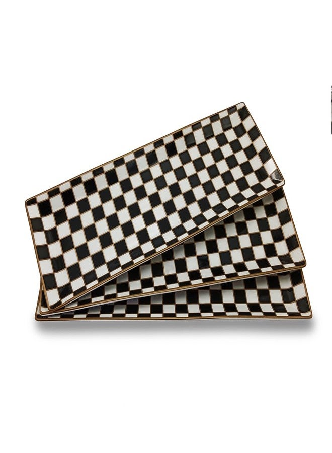 Porlien 14-inch Checker Black and White Rectangle Serving Platters Set of 3 for Party, Wedding and Entertaining, Rectangular Serving Plates, Serving Tray for Dinner, Appetizers and Desserts - Image 1