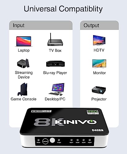 Kinivo 8K HDMI Switch (8K 60Hz, 4 in 1 Out, 48Gbps HDMI 2.1 Hub, Ultra HD Switcher, HDR10+, Dolby Atmos) - Compatible with HDTV, Nintendo Switch 2, PS5, Xbox, Apple TV - Image 5