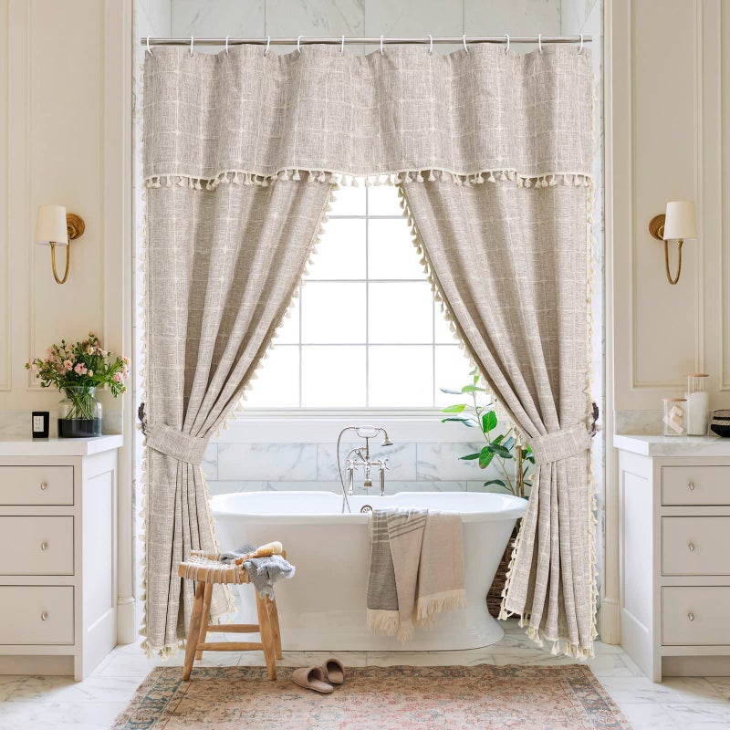 MitoVilla MitoVilla Boho Farmhouse Swag Shower Curtain  Cotton Linen Cloth Fabric Shower Curtain Set with Elegant Valance and 2 Tie Backs for Vintage Country Bathroom Decor  Tan Brown  72 x 72 