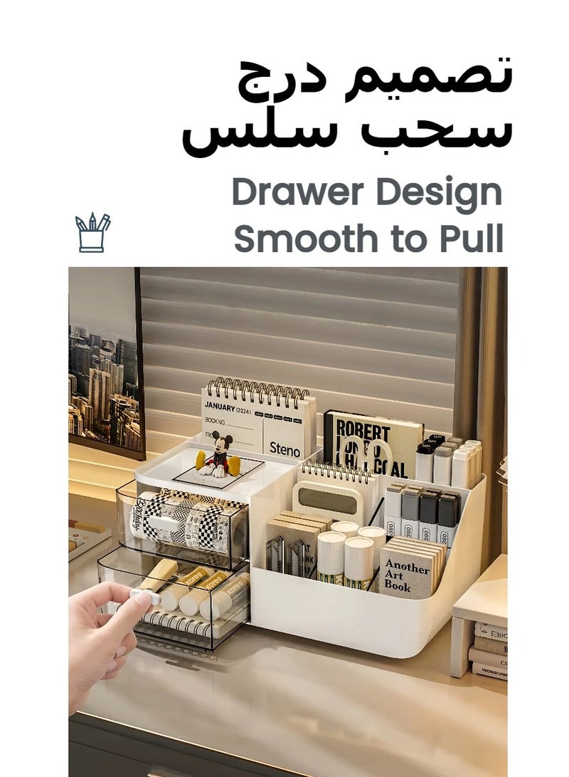 صندوق تخزين أدوات مكتبية أبيض، منظم سطح المكتب مع حامل أقلام، منظمات لوازم القرطاسية المكتبية، صندوق تخزين حامل أقلام متعدد الوظائف، حاوية تخزين بأدراج بلاستيكية، حامل مستحضرات تجميل - Image 3