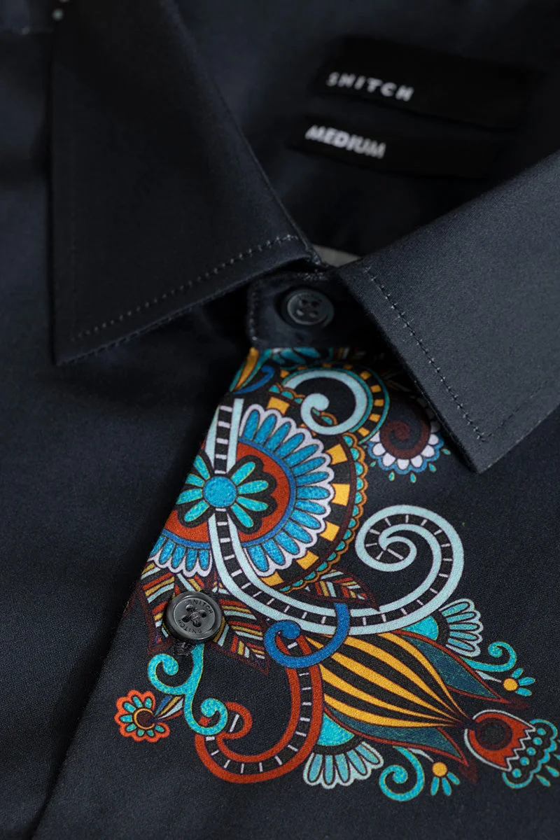 SNITCH Navy Blue Abstract Long Sleeve Slim Fit Formal Shirt
