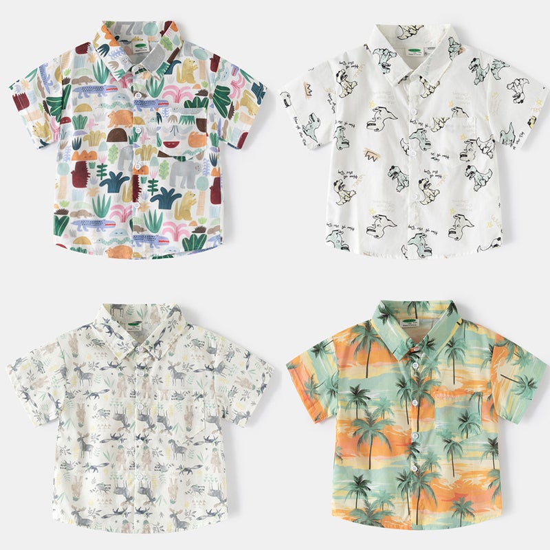 Boys Baby 2025 Beach Short-Sleeved Shirt Medium And Large Kidsren'S Baby Full-Print Short-Sleeved Shirt - Image 2
