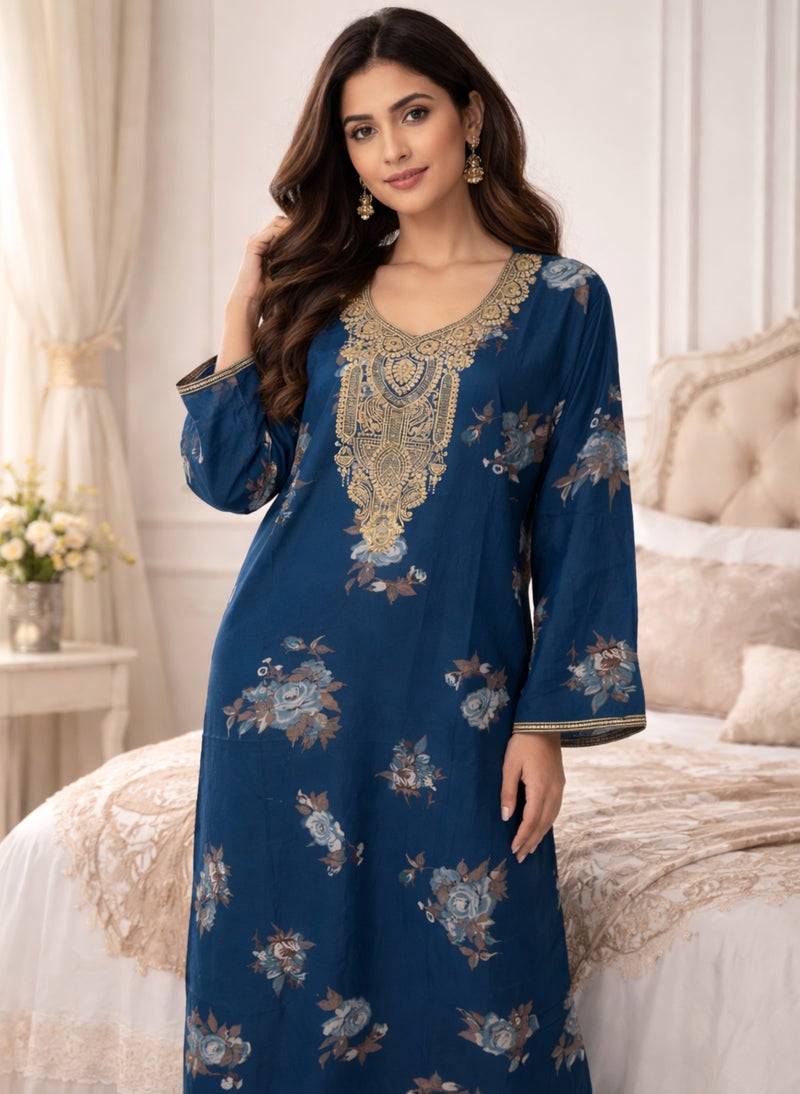 Premium Blue Kashmiri Jalabiya for Women – Elegant Gold Neck Embroidery Maxi Nighty - Image 1