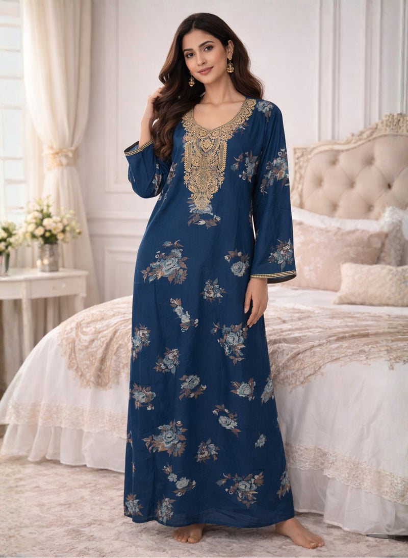Premium Blue Kashmiri Jalabiya for Women – Elegant Gold Neck Embroidery Maxi Nighty - Image 2