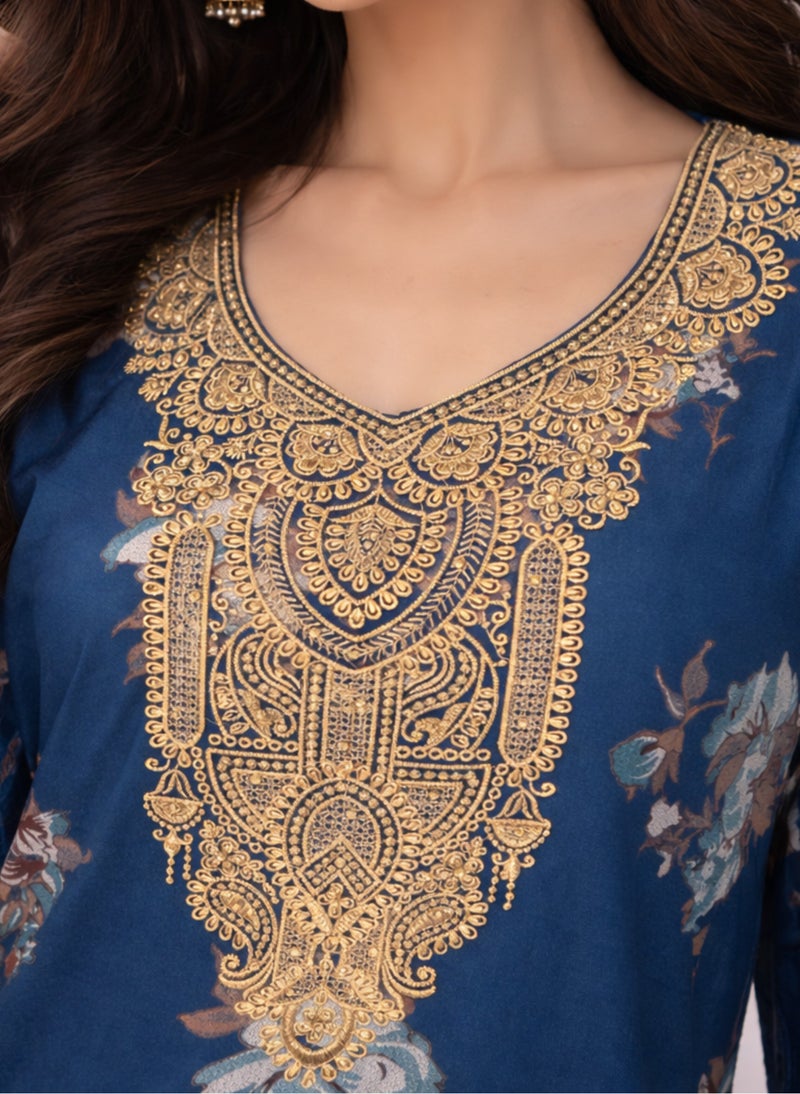 Premium Blue Kashmiri Jalabiya for Women – Elegant Gold Neck Embroidery Maxi Nighty - Image 3