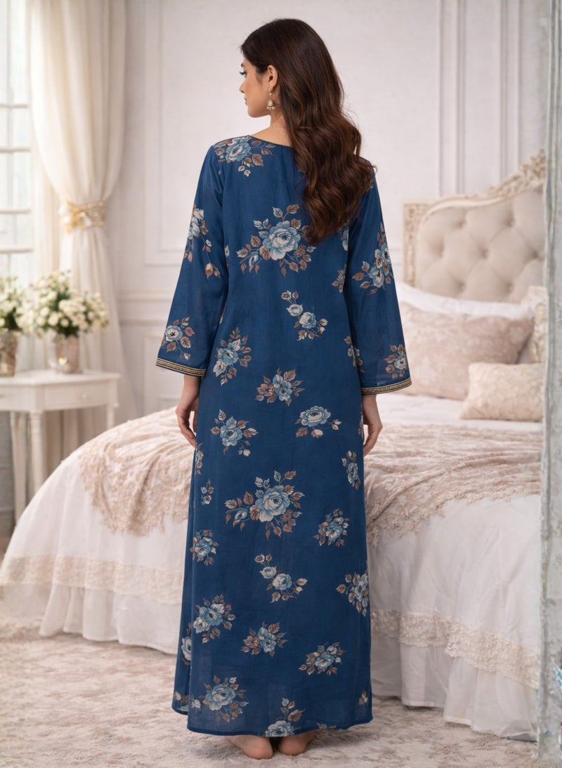 Premium Blue Kashmiri Jalabiya for Women – Elegant Gold Neck Embroidery Maxi Nighty - Image 4