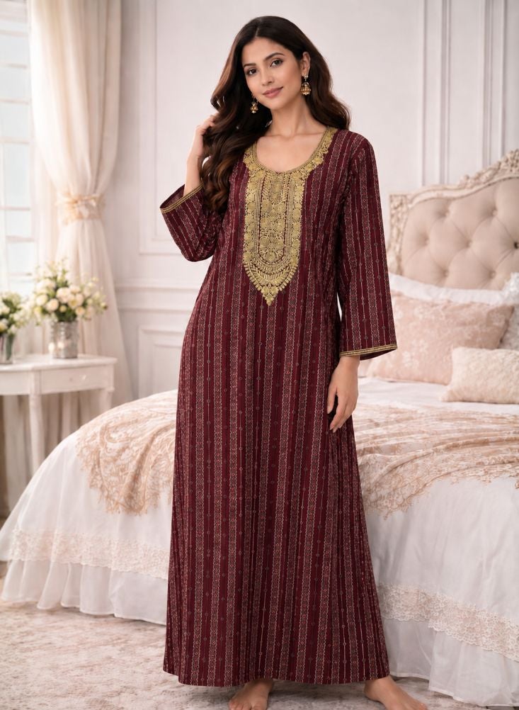 بريميم فستان جلابية ماكسي للنساء، لون عنابي - Image 1