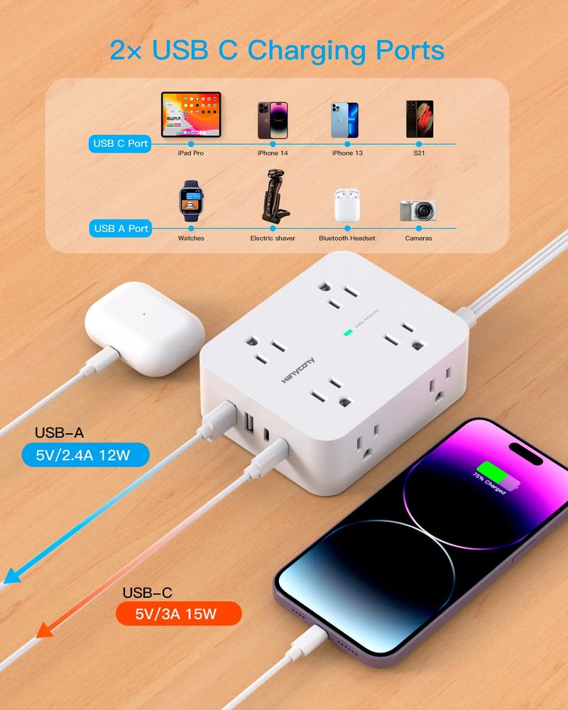 HANYCONY Surge Protector Power Strip, HANYCONY Extension Cord with Multiple Outlets, 5 Ft Ultra Thin Flat Plug 8 Outlets 4 USB Ports(2USB C), 1080J Outlet Extender for Home Office College Dorm Room Essentials - Image 5