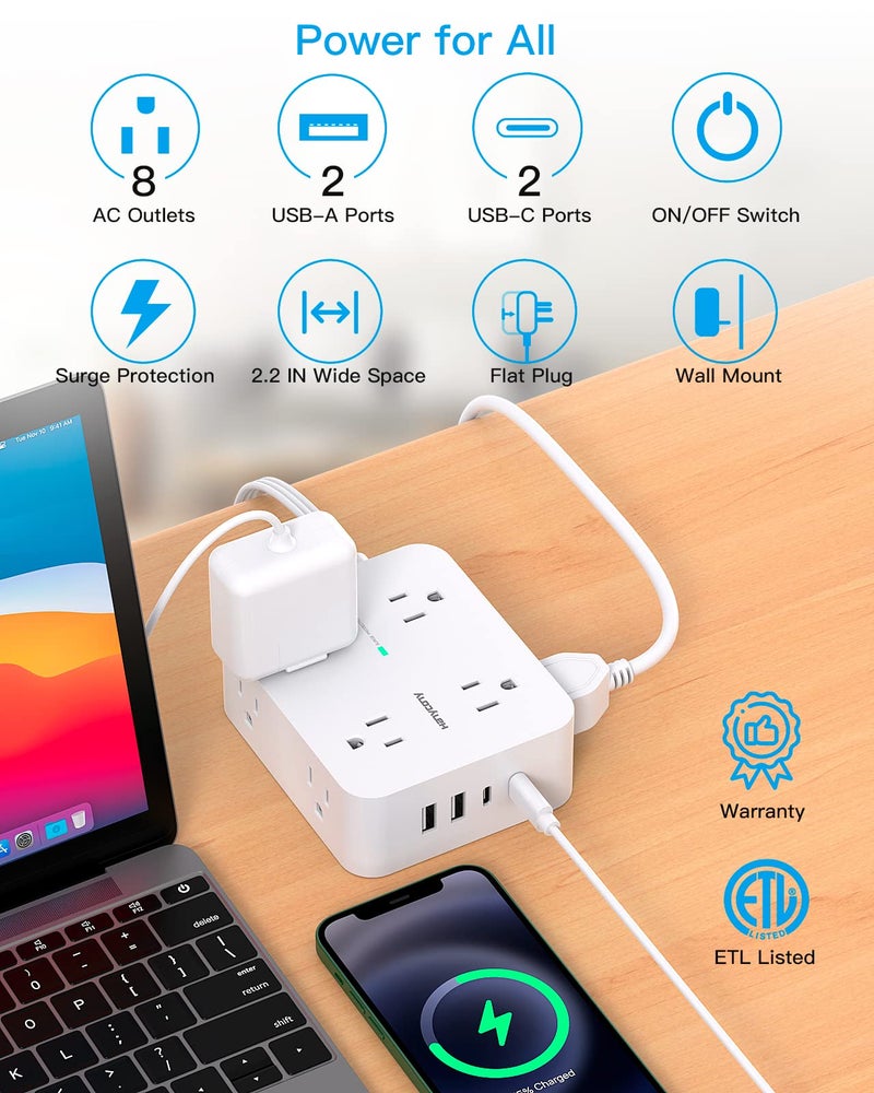 HANYCONY Surge Protector Power Strip, HANYCONY Extension Cord with Multiple Outlets, 5 Ft Ultra Thin Flat Plug 8 Outlets 4 USB Ports(2USB C), 1080J Outlet Extender for Home Office College Dorm Room Essentials - Image 2