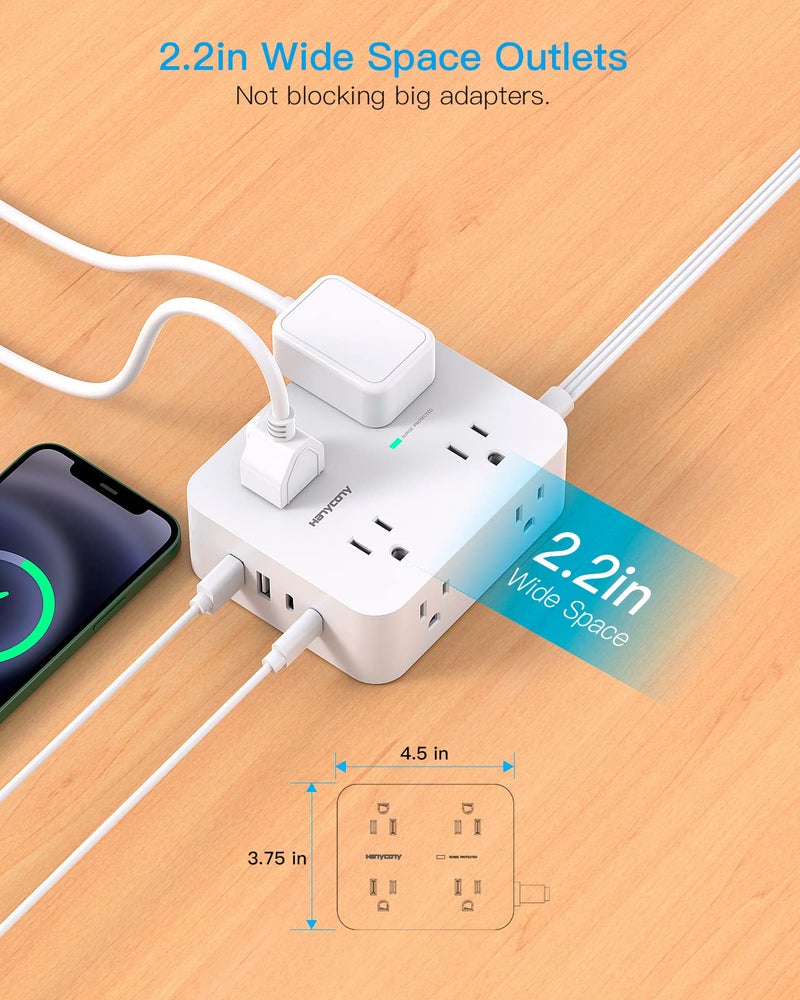 HANYCONY Surge Protector Power Strip, HANYCONY Extension Cord with Multiple Outlets, 5 Ft Ultra Thin Flat Plug 8 Outlets 4 USB Ports(2USB C), 1080J Outlet Extender for Home Office College Dorm Room Essentials - Image 4