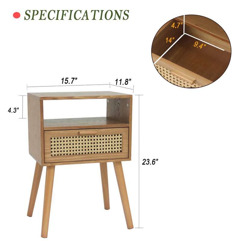 MaxSmeo Mid Century Modern Nightstand with Drawer, Small Nightstand Bedside Table, Rattan Nightstand, Wood End Table for Bedroom, Living Room (Brown) - Image 5