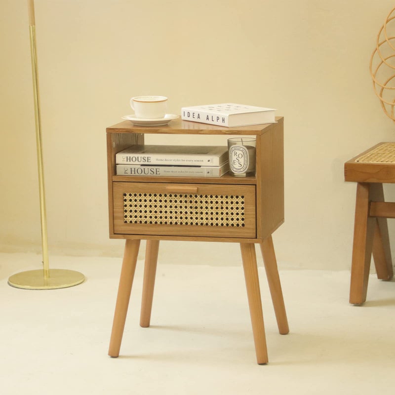 MaxSmeo Mid Century Modern Nightstand with Drawer, Small Nightstand Bedside Table, Rattan Nightstand, Wood End Table for Bedroom, Living Room (Brown) - Image 4