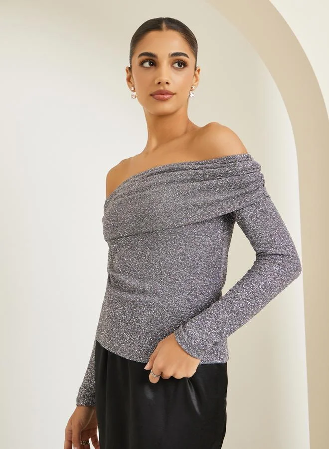 Styli Women Grey Shimmer Off Shoulder Top