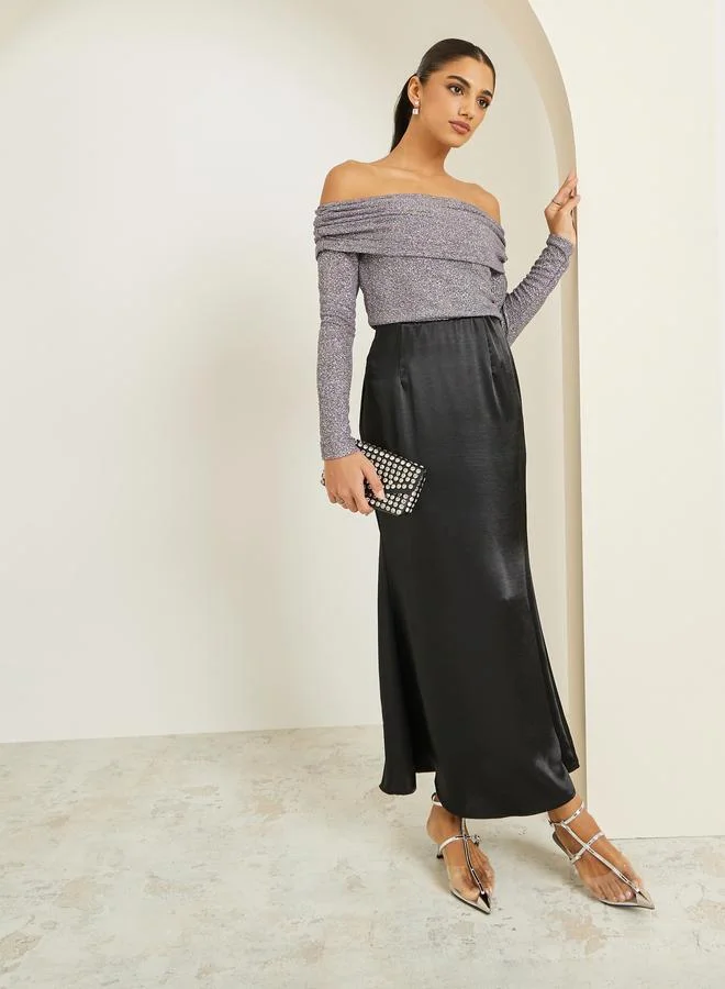 Styli Women Grey Shimmer Off Shoulder Top