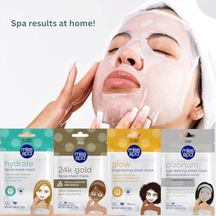 MISS SPA Face Mask Skin Care, Facial Sheet Mask for Women, Hydrating Moisturizing Skin Care Products, Anti-aging Face Mask, Dermatologsit Tested, 4 Pack (Hydrate, 24K Gold, Glow, Platinum Sheet Mask) - Image 4