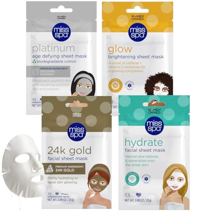 MISS SPA Face Mask Skin Care, Facial Sheet Mask for Women, Hydrating Moisturizing Skin Care Products, Anti-aging Face Mask, Dermatologsit Tested, 4 Pack (Hydrate, 24K Gold, Glow, Platinum Sheet Mask) - Image 1