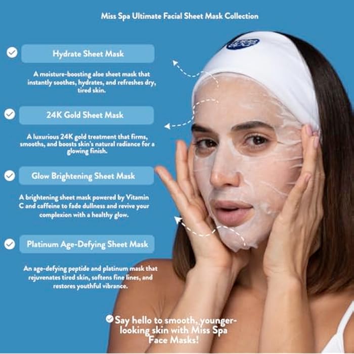 MISS SPA Face Mask Skin Care, Facial Sheet Mask for Women, Hydrating Moisturizing Skin Care Products, Anti-aging Face Mask, Dermatologsit Tested, 4 Pack (Hydrate, 24K Gold, Glow, Platinum Sheet Mask) - Image 2