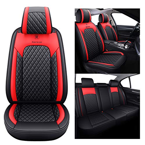 Aierxuan Car Seat Covers Full Set with Waterproof Leather, Seat Cushions Split Bench Universal Fit for Kia Soul Hyundai Accent Corolla CRV Vw Ford Ranger Fusion Wrangler (Full Set, Black-Red) - Image 1