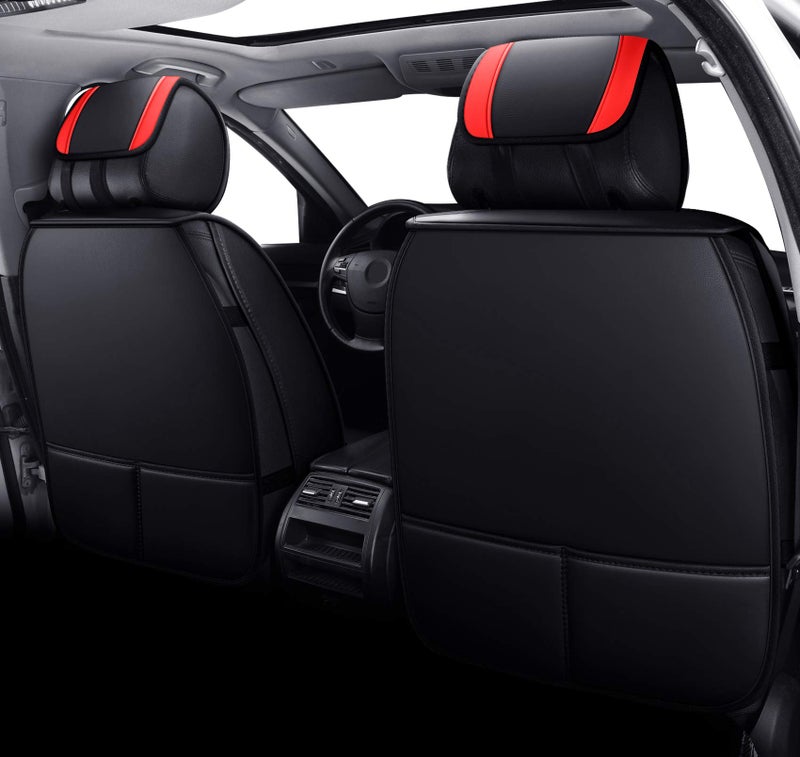Aierxuan Car Seat Covers Full Set with Waterproof Leather, Seat Cushions Split Bench Universal Fit for Kia Soul Hyundai Accent Corolla CRV Vw Ford Ranger Fusion Wrangler (Full Set, Black-Red) - Image 2