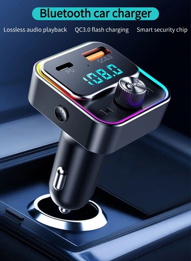 Vixplorn Bluetooth car charger, Bluetooth FM transmitter, supports fast charging (PD 30W and 18W), car Bluetooth radio transmitter, 7 LED RGB lighting modes, USB port, light switch, wireless FM radio transmitter, supports MP3 and USB flash drive players, hands-free calling. - Image 3