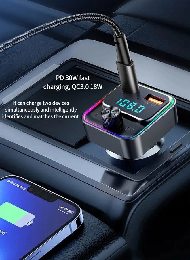 Vixplorn Bluetooth car charger, Bluetooth FM transmitter, supports fast charging (PD 30W and 18W), car Bluetooth radio transmitter, 7 LED RGB lighting modes, USB port, light switch, wireless FM radio transmitter, supports MP3 and USB flash drive players, hands-free calling. - Image 4