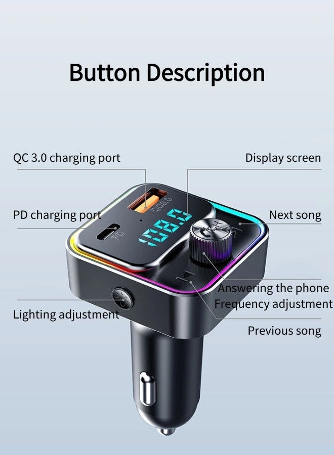 Vixplorn Bluetooth car charger, Bluetooth FM transmitter, supports fast charging (PD 30W and 18W), car Bluetooth radio transmitter, 7 LED RGB lighting modes, USB port, light switch, wireless FM radio transmitter, supports MP3 and USB flash drive players, hands-free calling. - Image 2