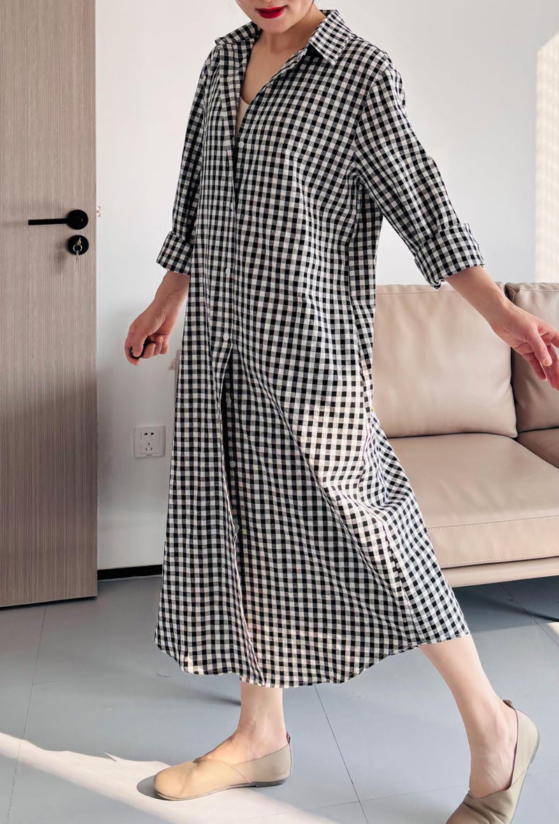 Minibee Women's Plaid Shirts Dress Button Down Long Sleeve Cotton Casual Blouses Dresses with Pockets Black M - Image 4