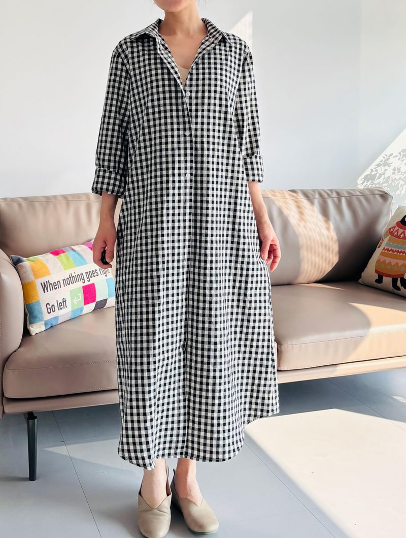 Minibee Women's Plaid Shirts Dress Button Down Long Sleeve Cotton Casual Blouses Dresses with Pockets Black M - Image 2