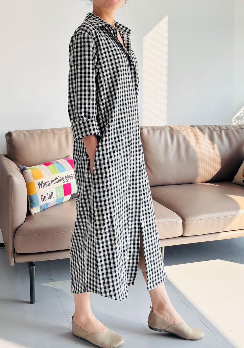 Minibee Women's Plaid Shirts Dress Button Down Long Sleeve Cotton Casual Blouses Dresses with Pockets Black M - Image 3