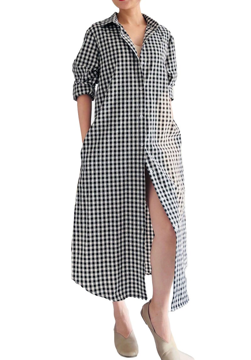 Minibee Women's Plaid Shirts Dress Button Down Long Sleeve Cotton Casual Blouses Dresses with Pockets Black M - Image 1